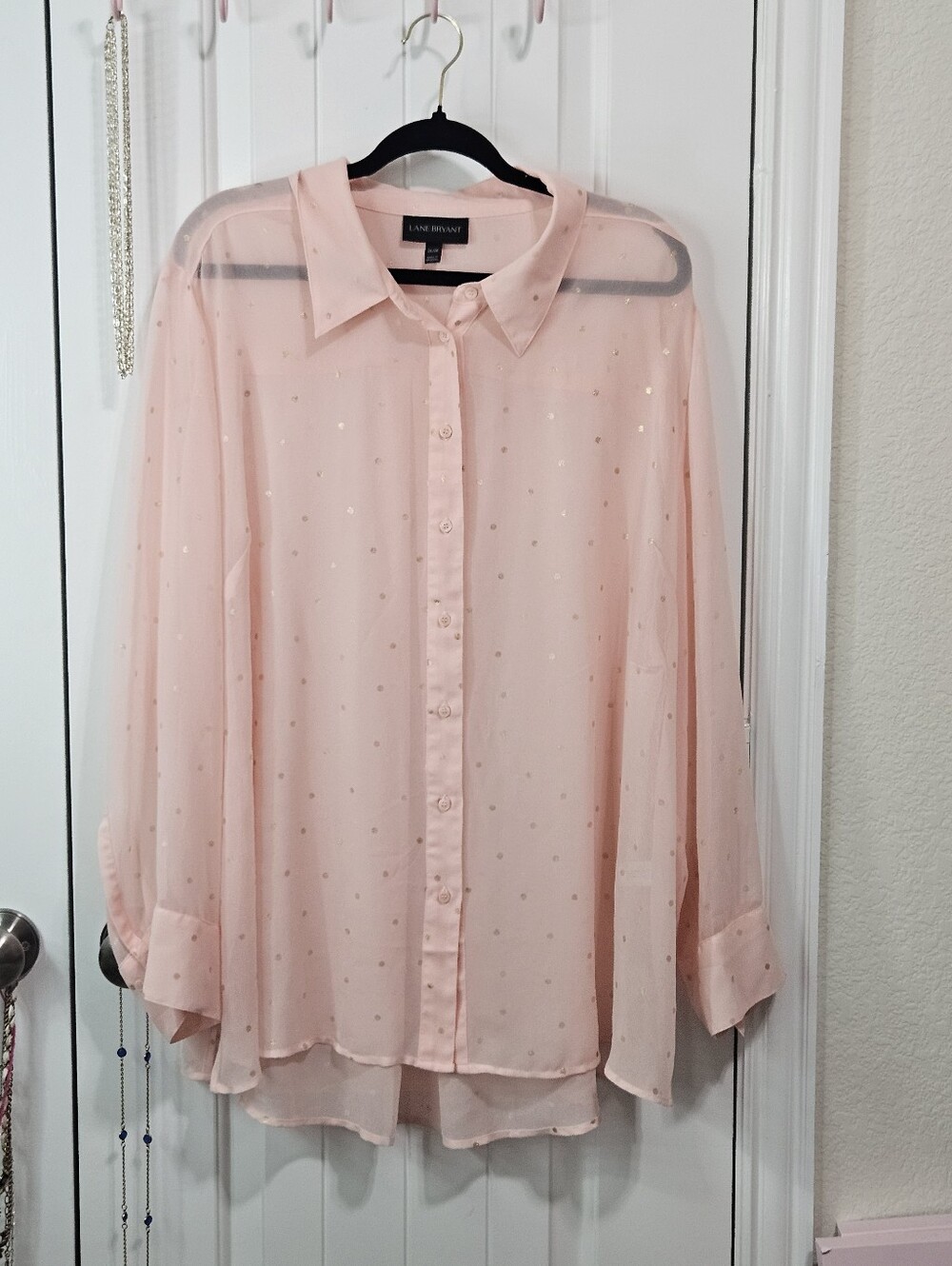 Lane Bryant Blush Pink Sheer Button-Down Blouse with Metallic Gold Polka Dots